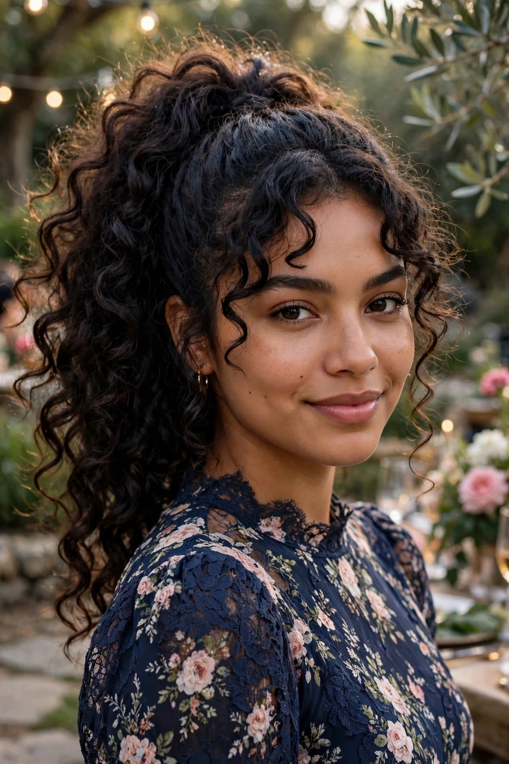 Latina woman with long curly dark hair in a high ponytail with lifted crown volume at a garden party