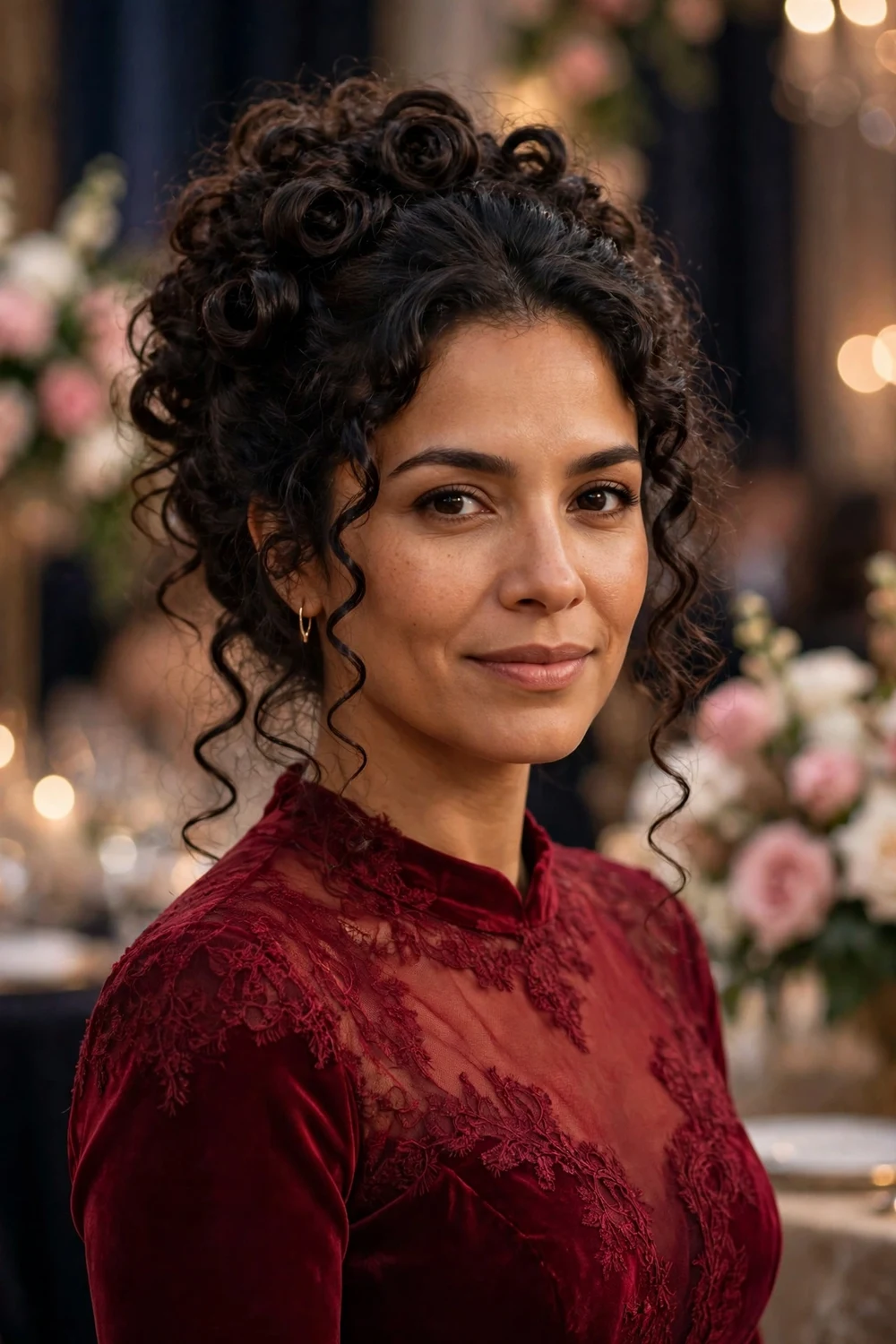 Latina woman with long curly hair in a pinned curly updo with volume at a gala
