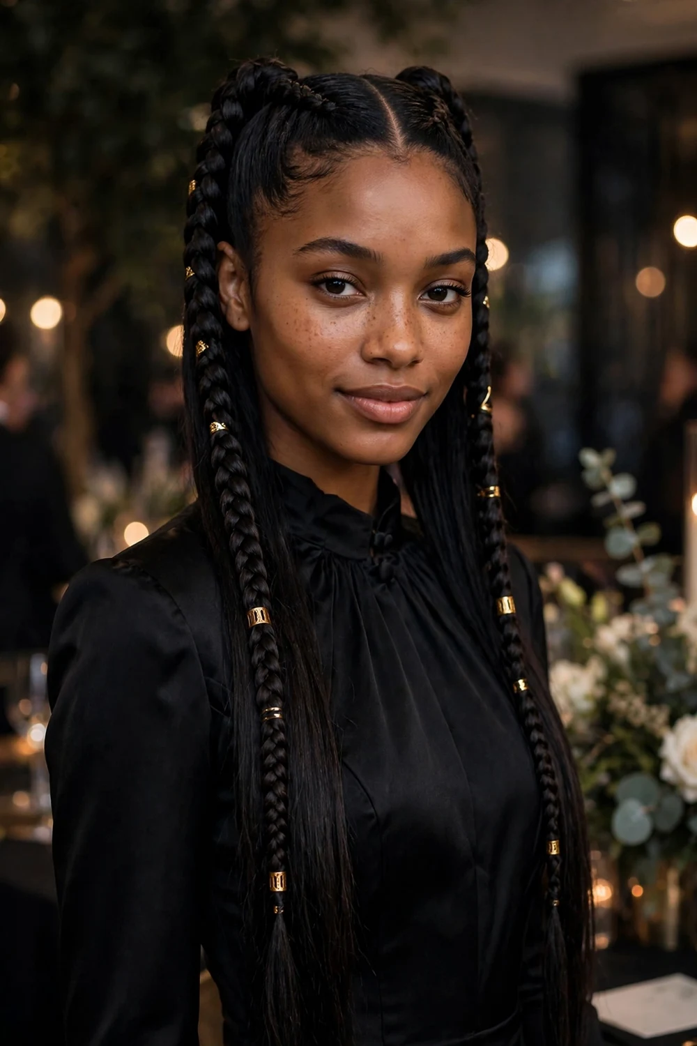 Black woman with long hair in two sleek double Dutch braids at an after-party