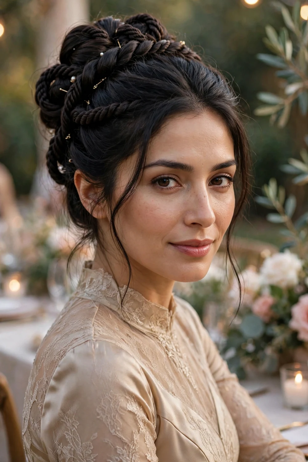 Middle Eastern woman with long dark hair in an elegant twisted updo bun at an engagement party