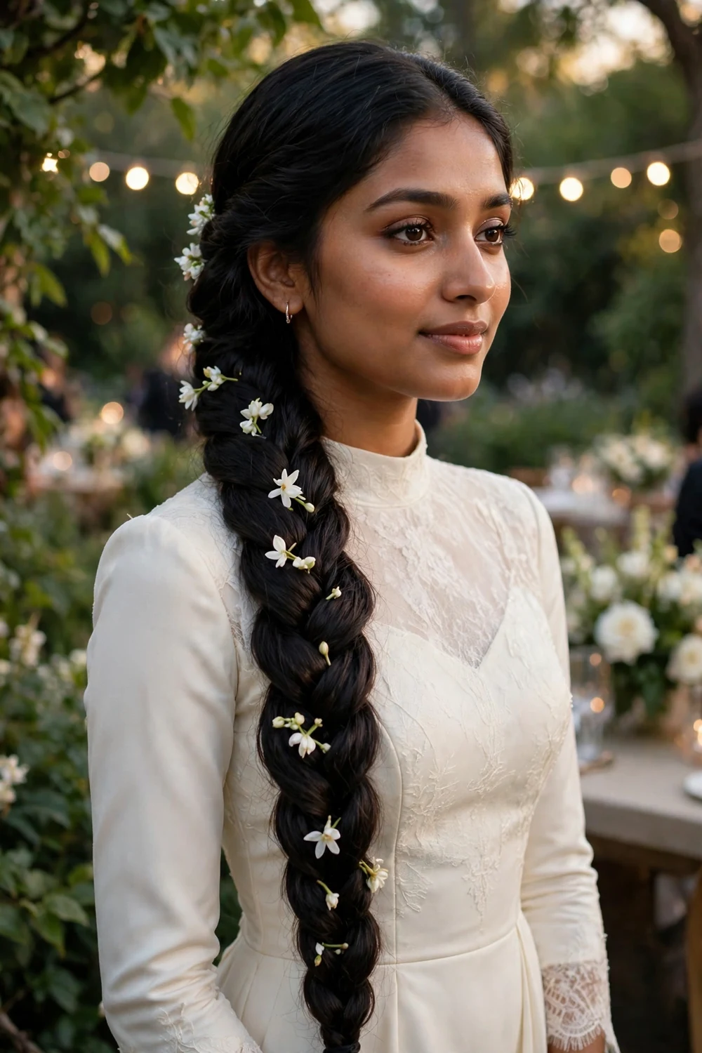 South Asian woman with long black hair in a fishtail braid decorated with small white flowers at a garden gala