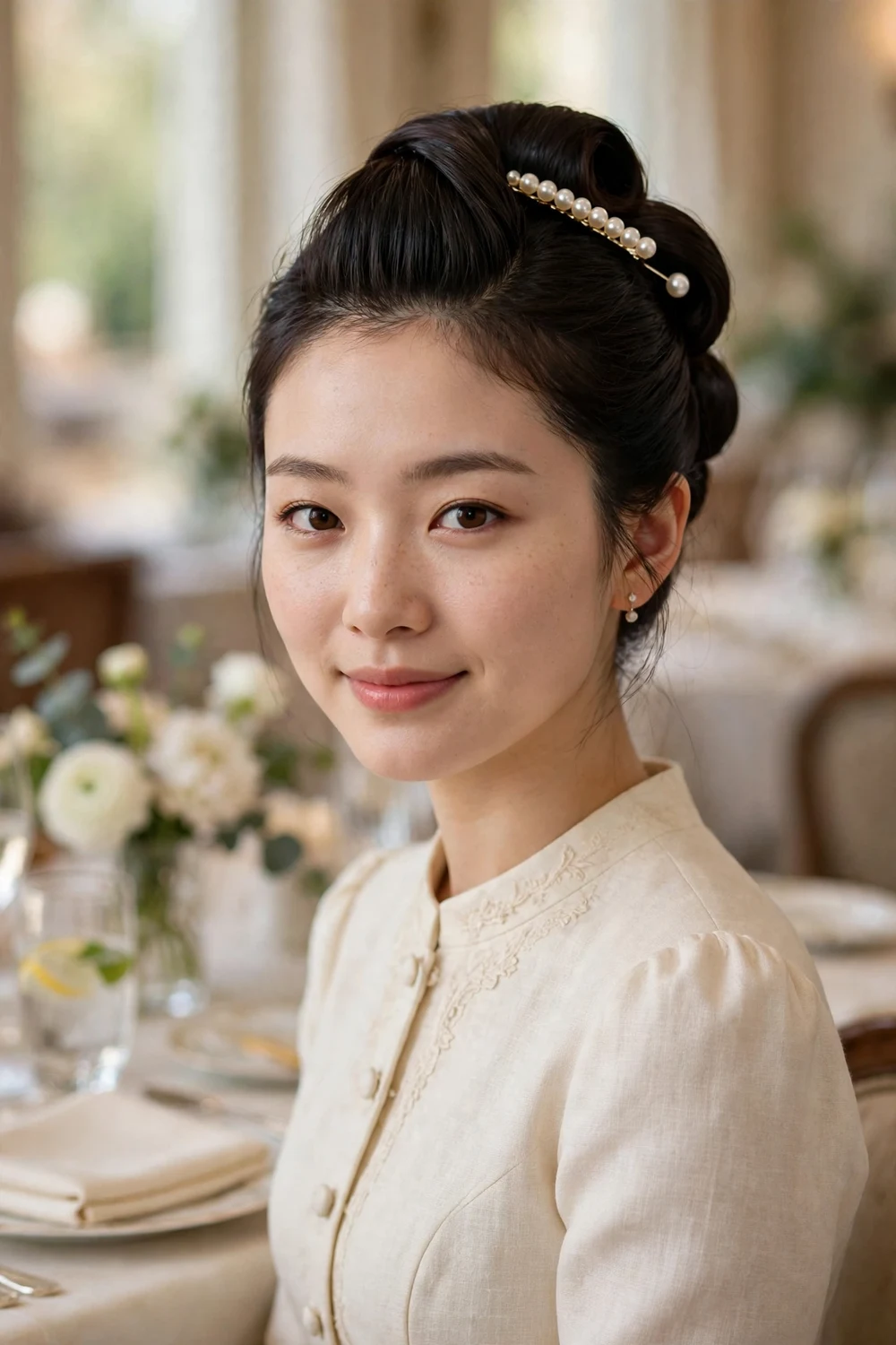 East Asian woman with long dark hair in a French pin twist updo held with a decorative hair fork
