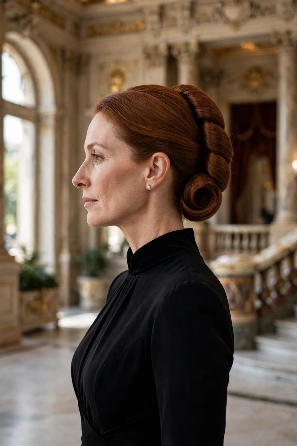 Woman in her 40s with long auburn hair in a classic smooth French twist at the opera