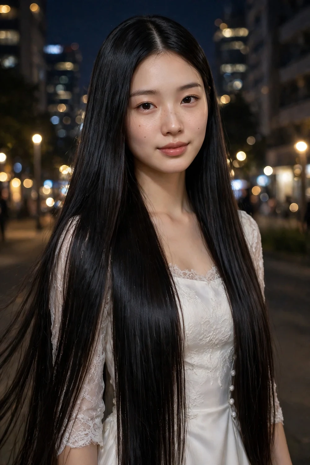 East Asian woman with very long straight glossy black glass hair with city lights behind