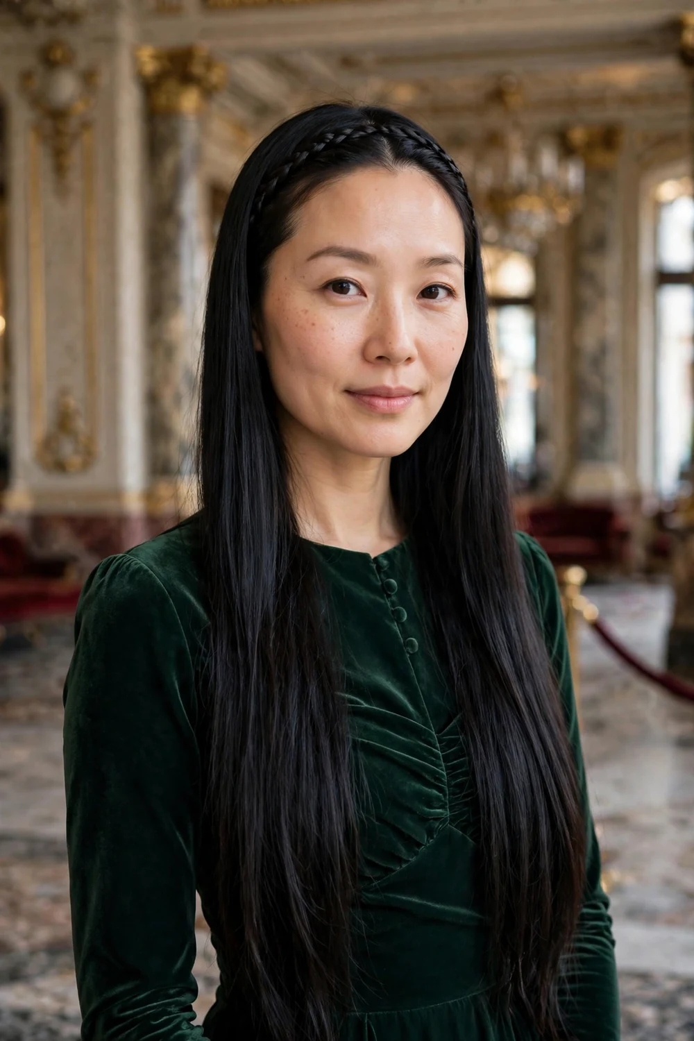 East Asian woman with long black hair in a delicate thin braid along the hairline at an opera night