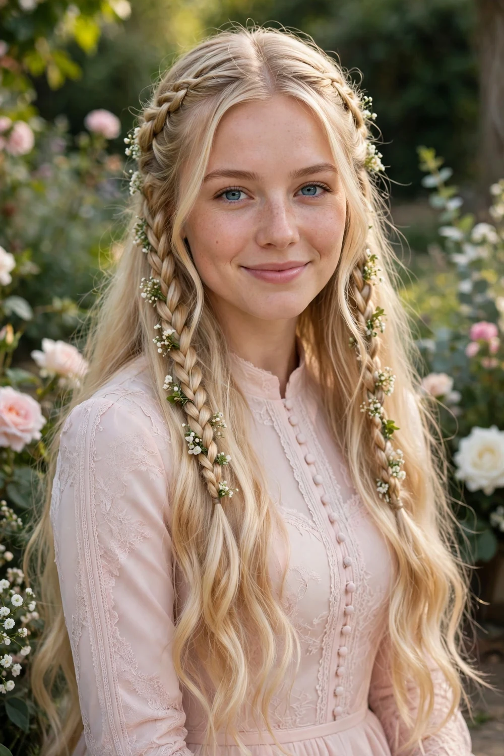 Blonde woman with long hair in half-up braids decorated with small fresh flowers at a garden wedding