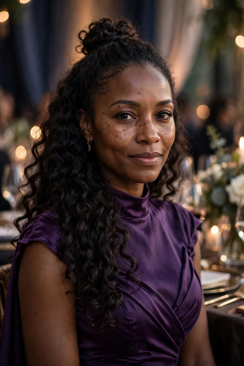 Black woman with long curly hair in a half-up top knot with cascading curls at a gala dinner