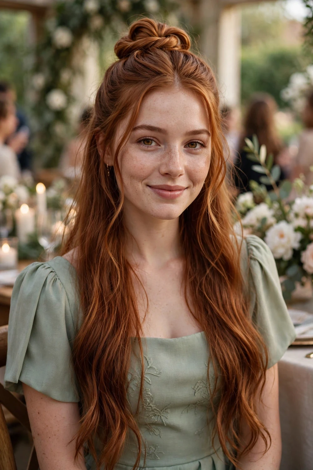 Woman with long auburn hair in a half-up twisted knot with flowing lengths at an engagement party