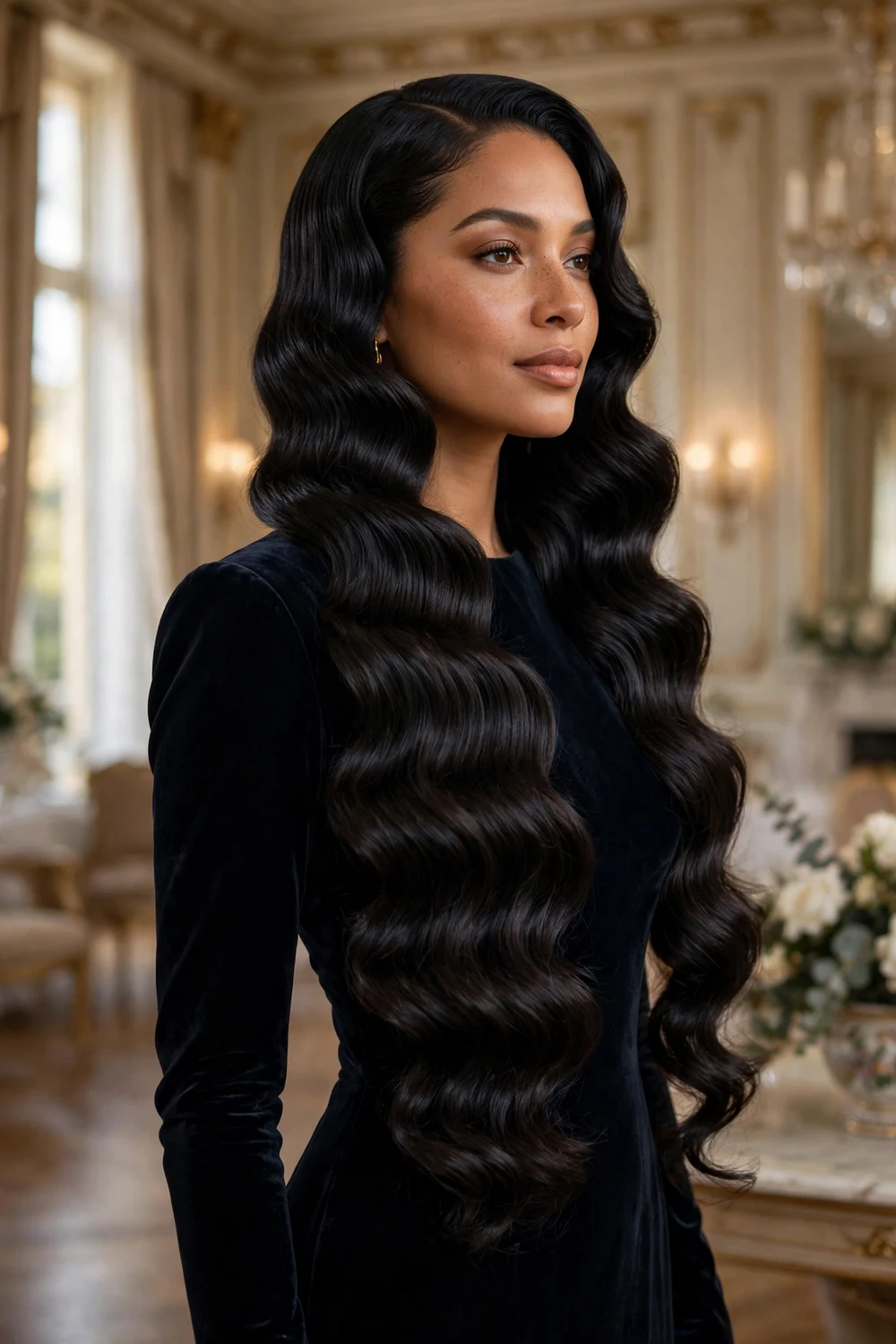 Woman with long black hair in polished Hollywood waves with a deep side part at a gala