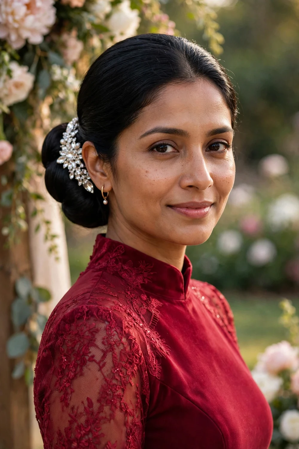 South Asian woman with long black hair in a low bun decorated with a jeweled crystal clip at a wedding