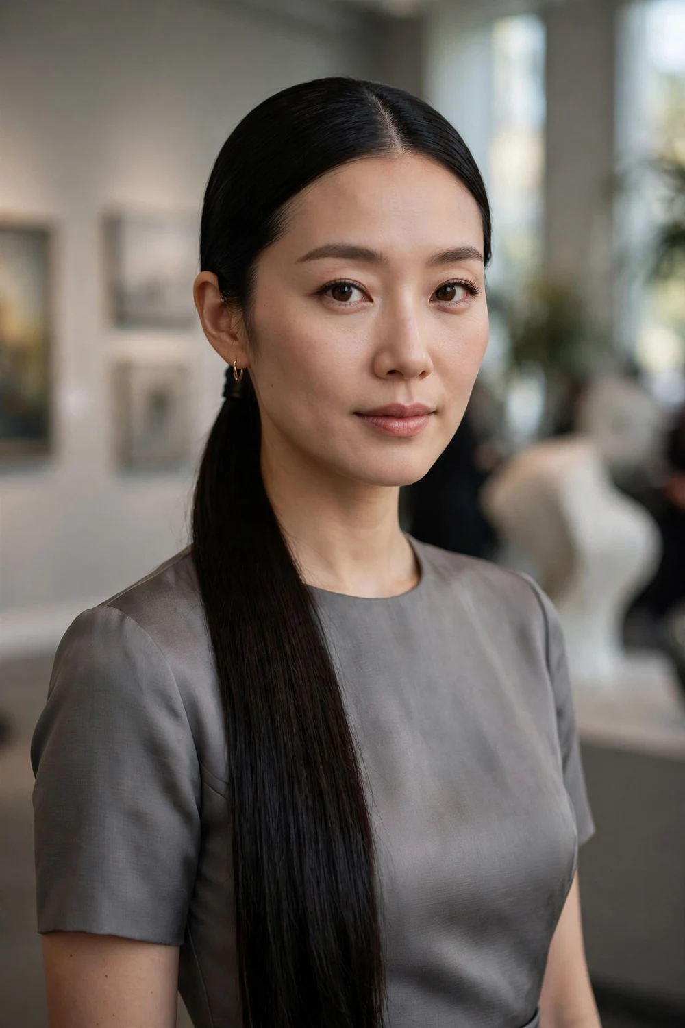 East Asian woman with long black hair in a sleek low polished ponytail with a center part at a gallery gala