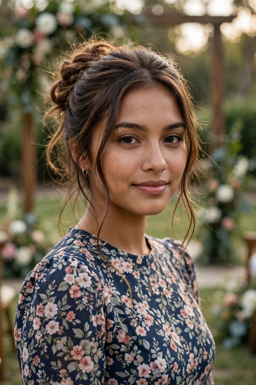 Woman with long brown hair in a soft messy pinned updo bun at an outdoor wedding