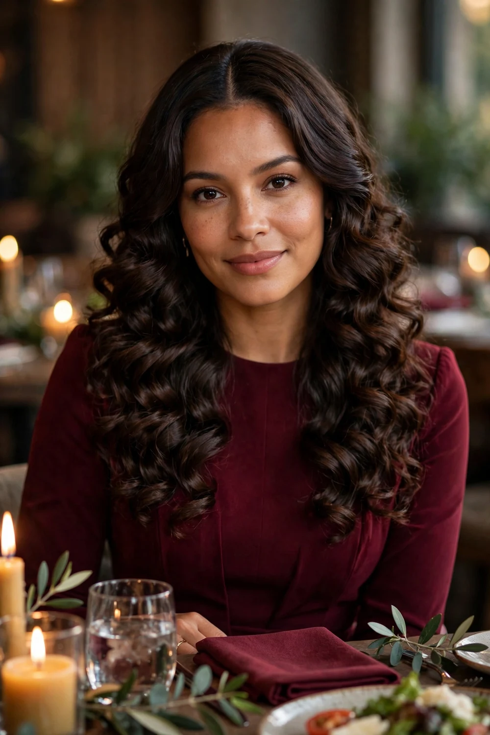 Latina woman with long dark brown hair in defined glamorous curls with a center part at dinner