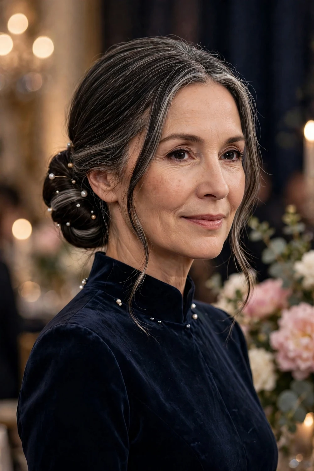 Woman in her 50s with long silver-streaked hair in a chignon decorated with pearl pins at a gala