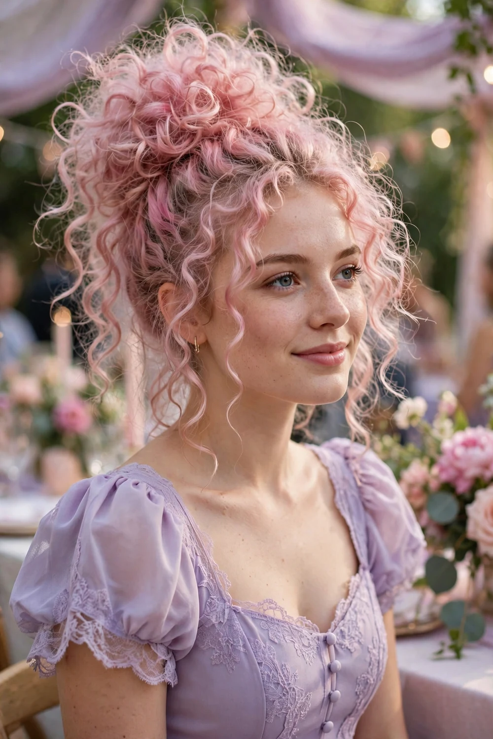 Woman with long pink-tinted curly hair in a high curly bun at a themed party