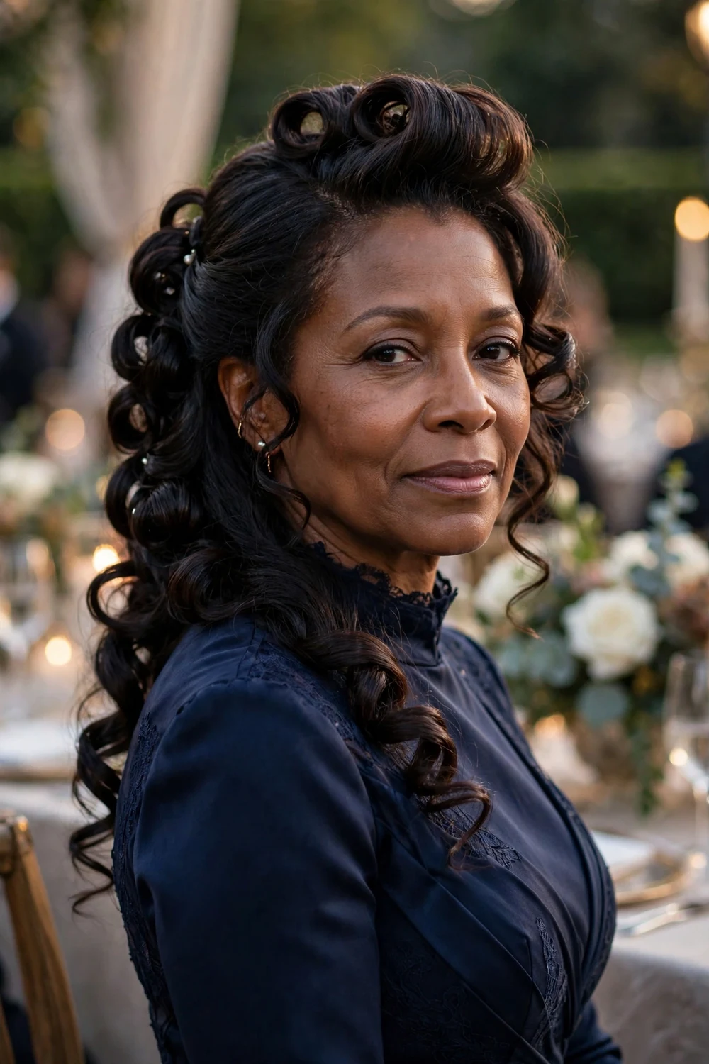 Black woman in her 50s with long hair in a pinned-curl updo with a lifted front section at a formal event