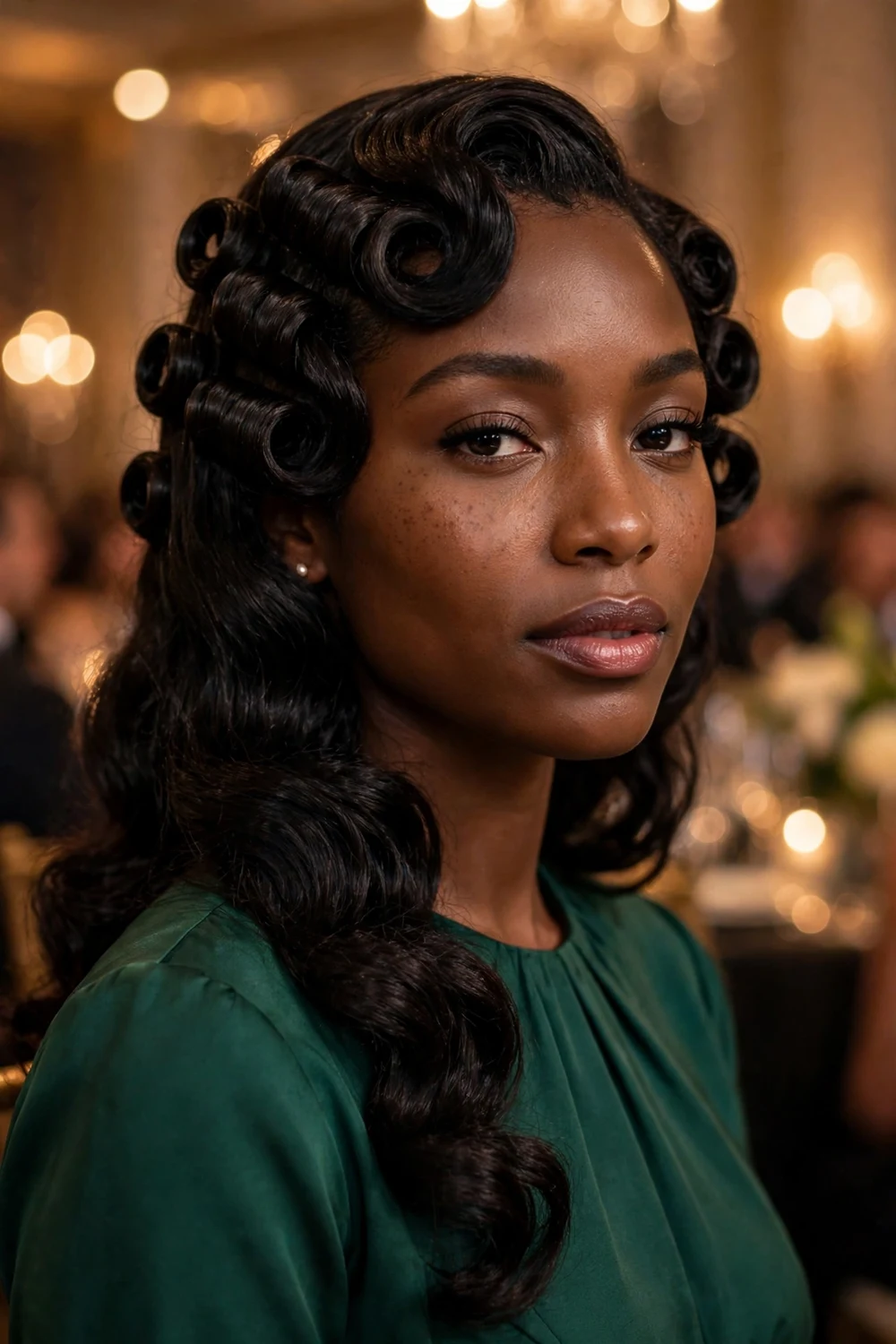 Black woman with long dark hair in vintage-style pinned curls at a formal gala