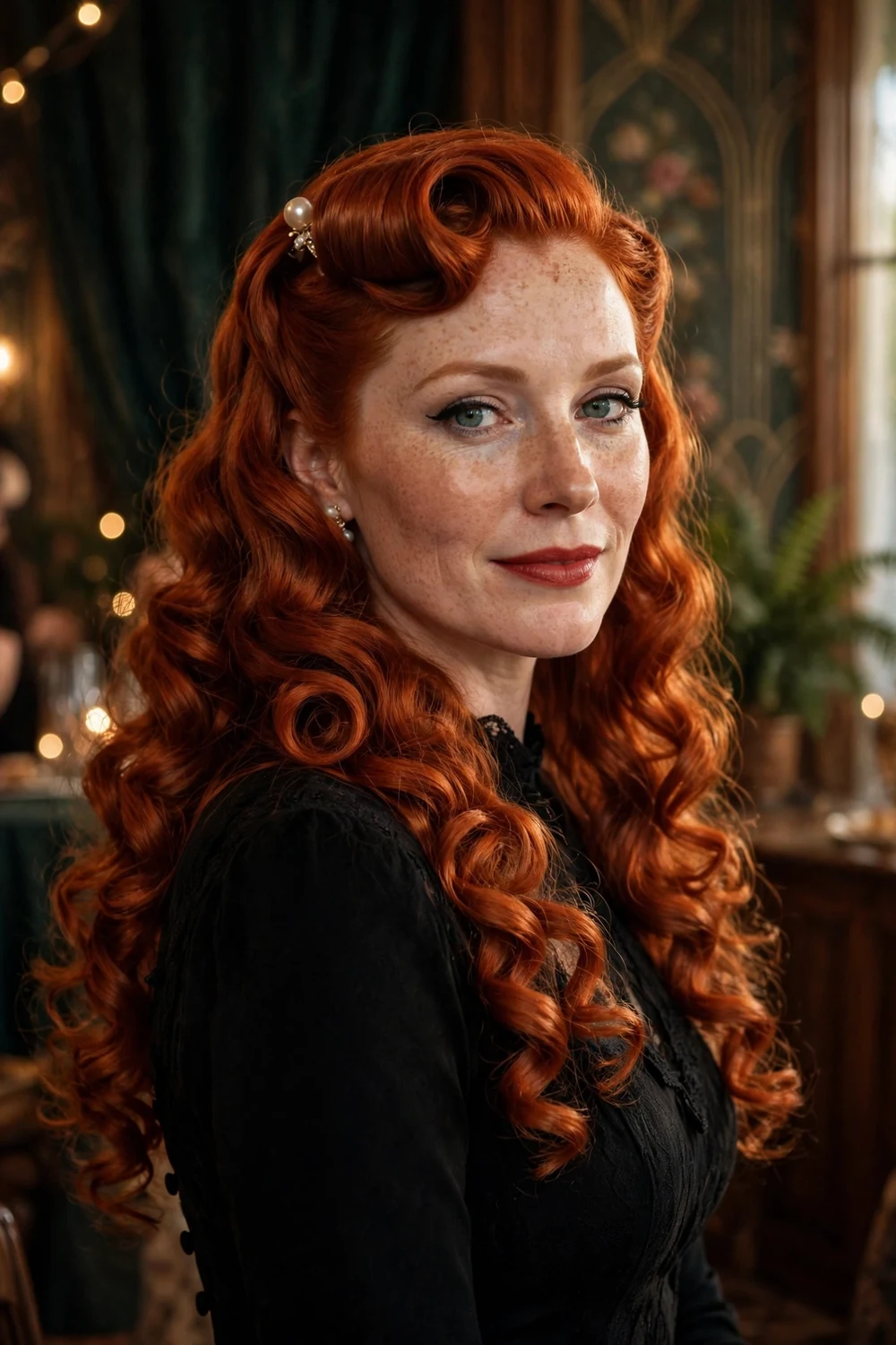 Red-haired woman with long hair in retro ringlets and a rolled front section at a vintage party