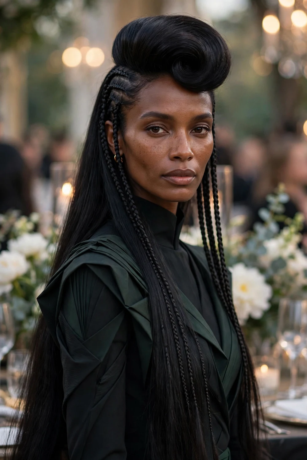 Woman with long black hair in a sculpted pompadour with braided side details at a fashion gala