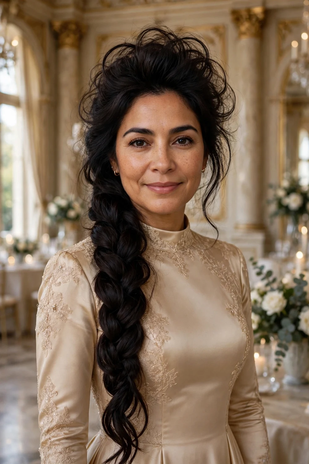 Latina woman in her 40s with long dark hair in a side braid with teased crown volume at a ballroom event