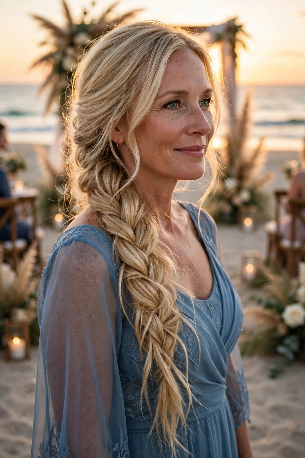 Blonde woman in her 40s with long hair in a loose side fishtail braid over one shoulder at a beach wedding