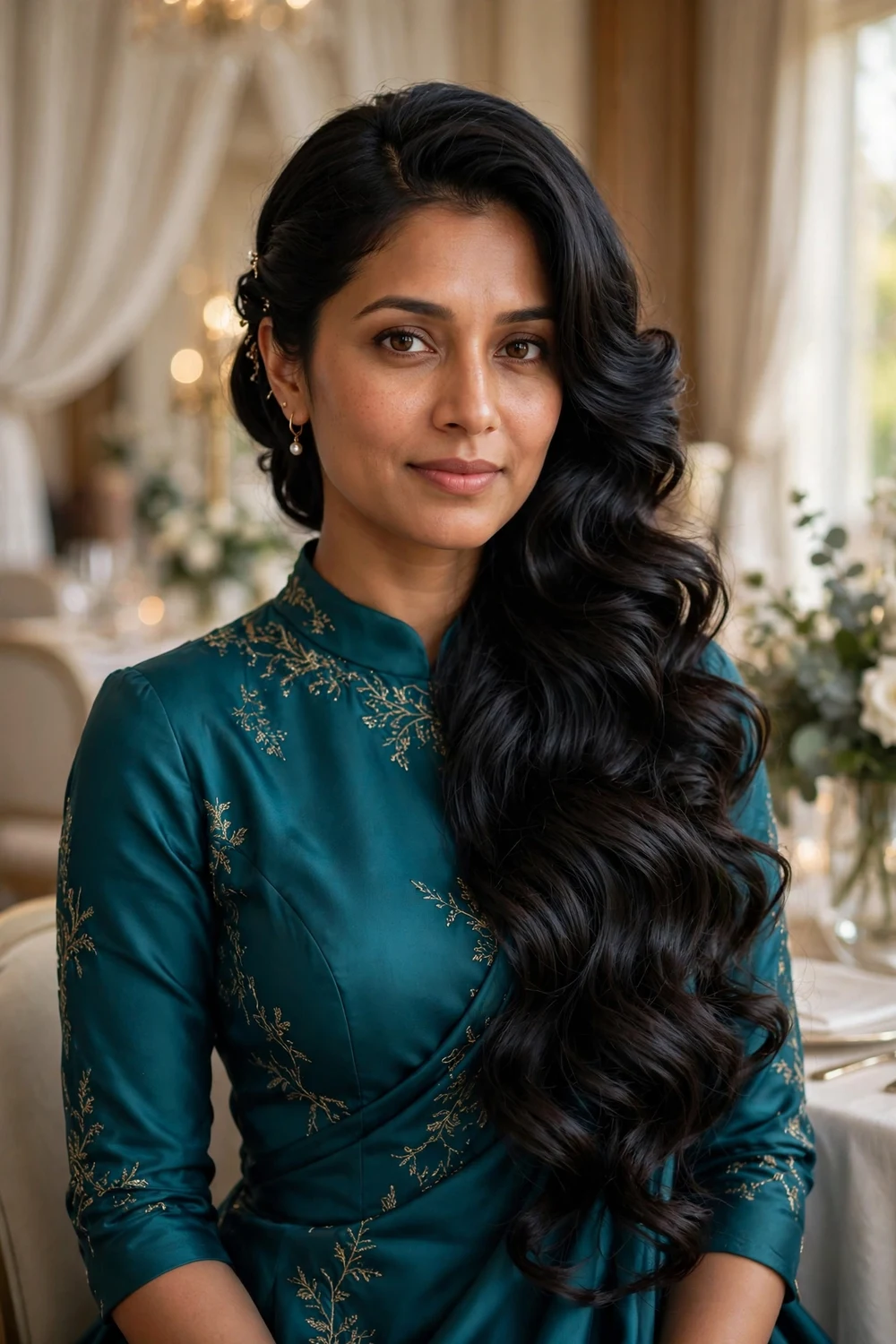 South Asian woman with long dark hair swept dramatically to one side in glamorous waves at a banquet