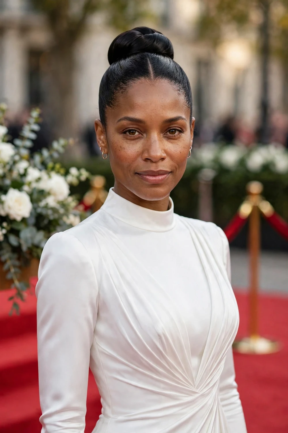 Black woman with long straight hair in a sleek high bun with a center part on a red carpet