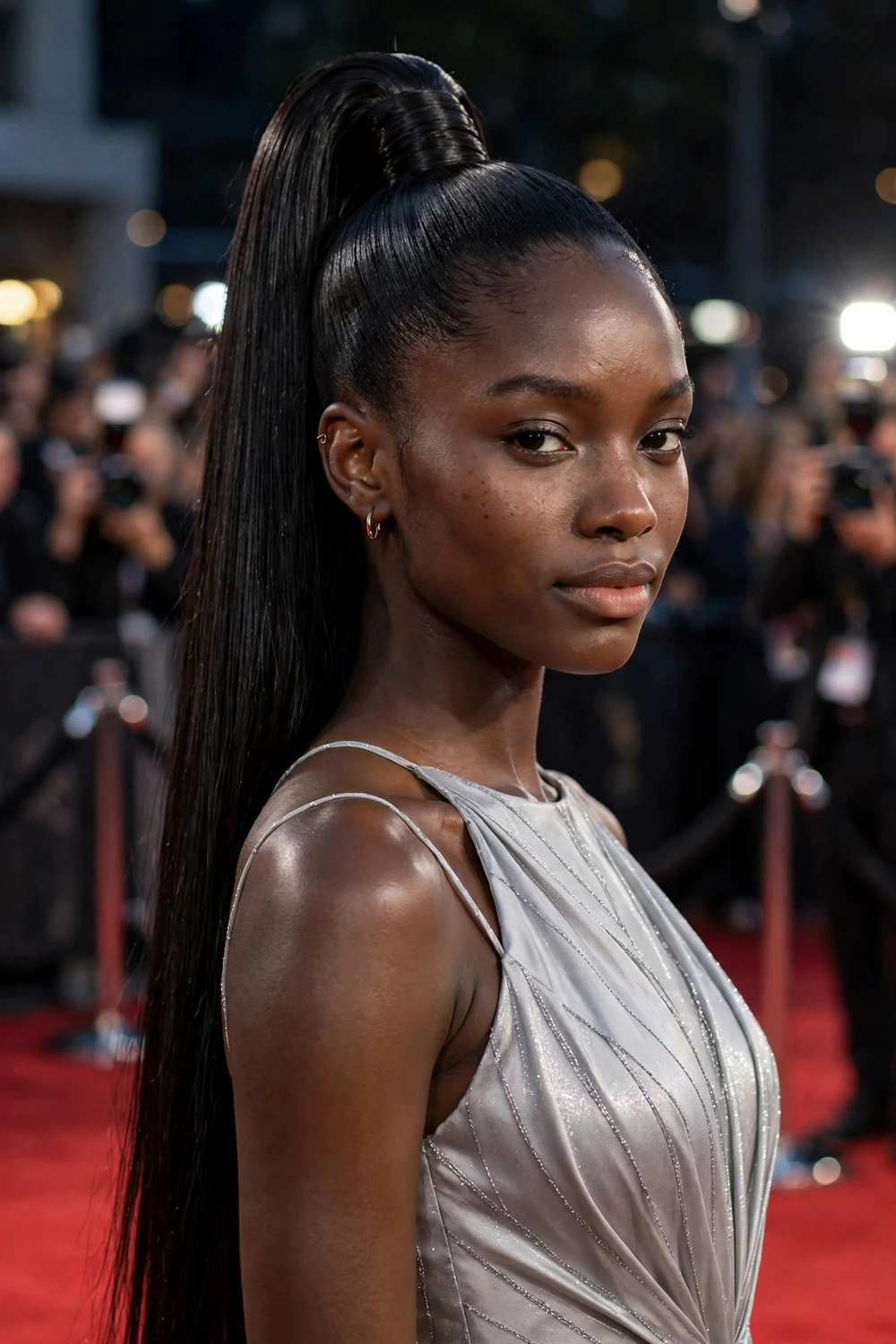 Black woman with very long straight black hair in a high sleek glossy ponytail on a red carpet
