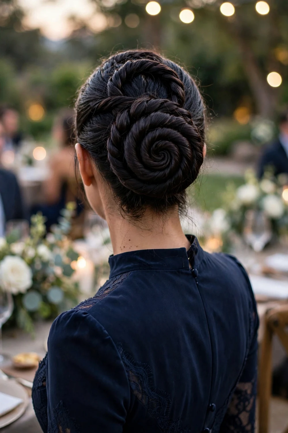Woman with long dark hair in a spiral braided bun coiled at the back of the head at an evening wedding
