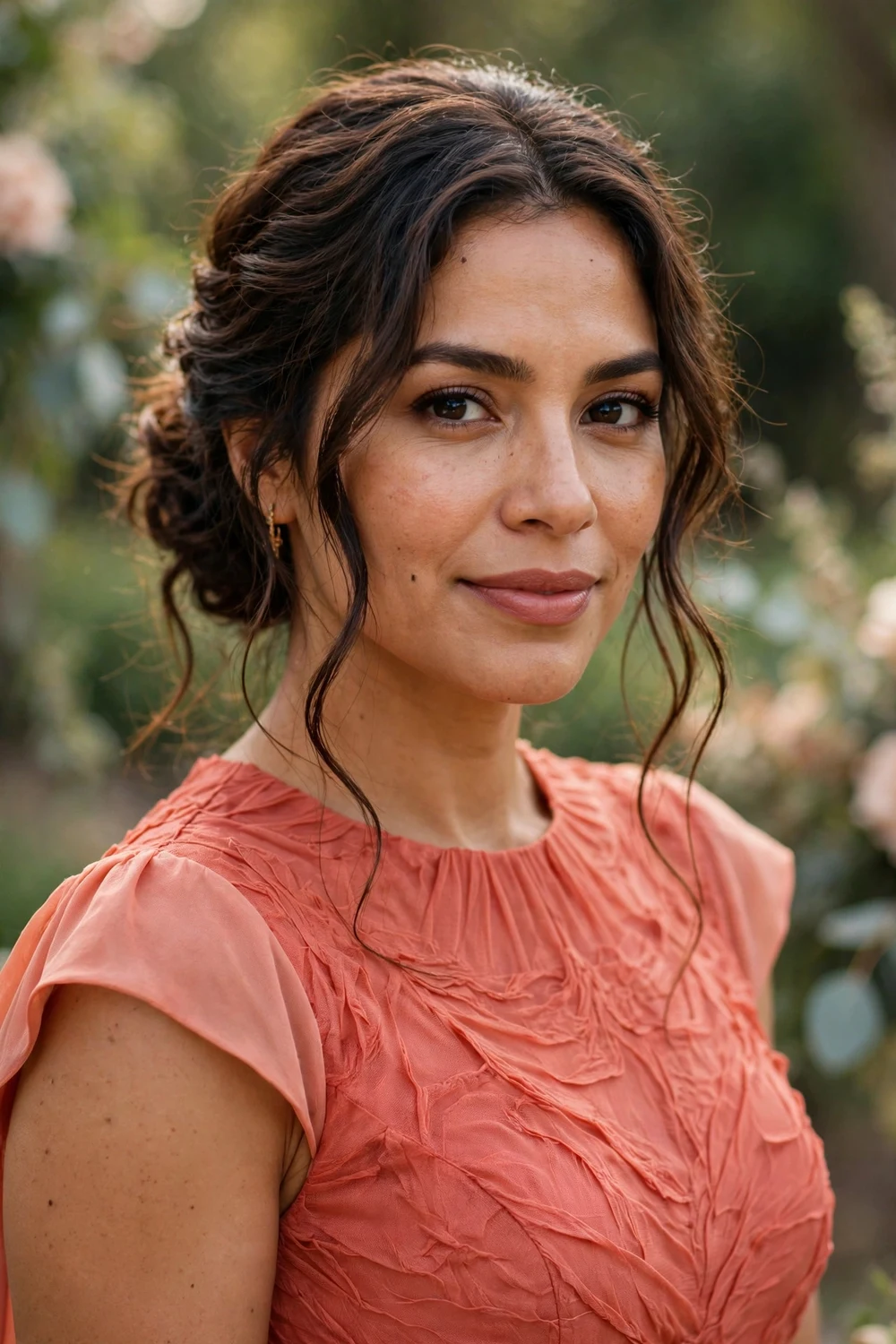 Latina woman with long wavy brown hair in a soft textured low bun as a wedding guest