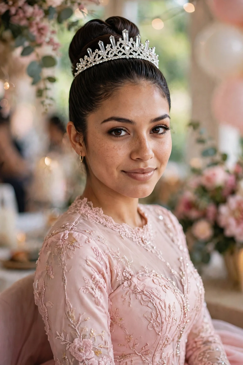 Latina woman with long dark hair in a high bun wearing a sparkling tiara at a quinceanera celebration