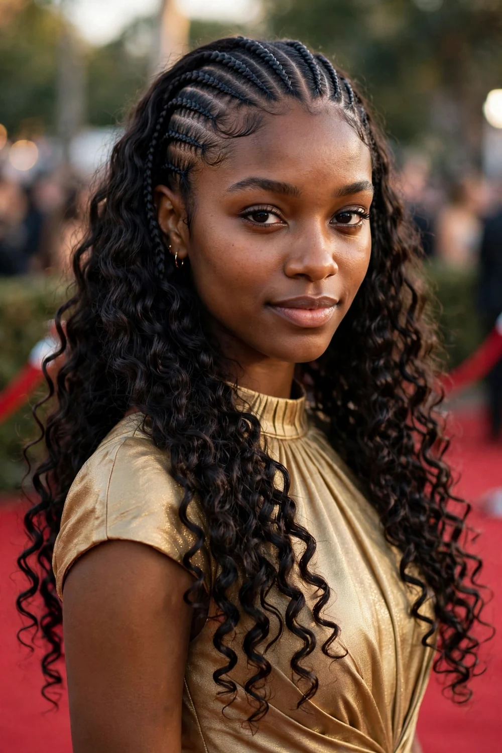 Black woman with long natural hair in tight defined curls with cornrow accents at the front on a red carpet