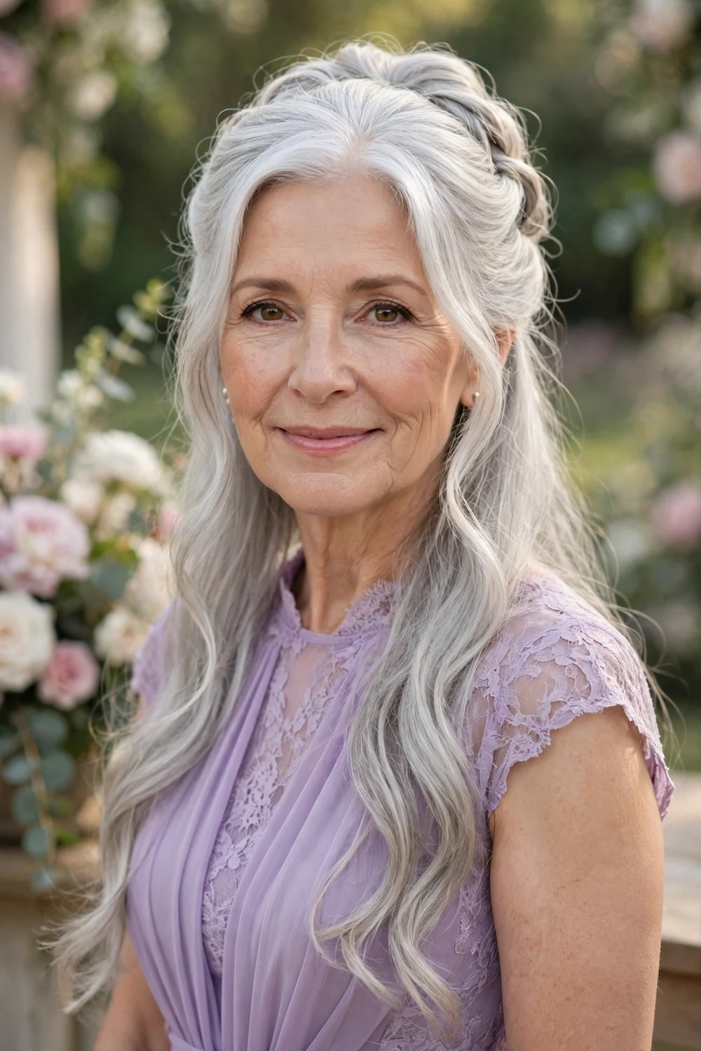 Woman in her 60s with long silver hair in a soft timeless elegant updo at a wedding