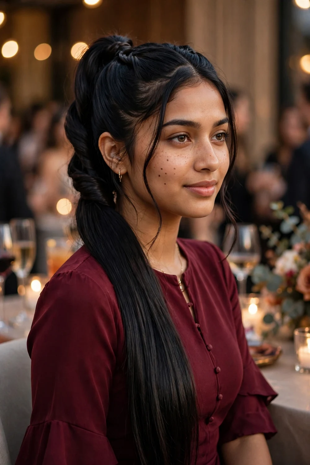 South Asian woman with long black hair in a twisted half-up ponytail with smooth lengths at a cocktail party