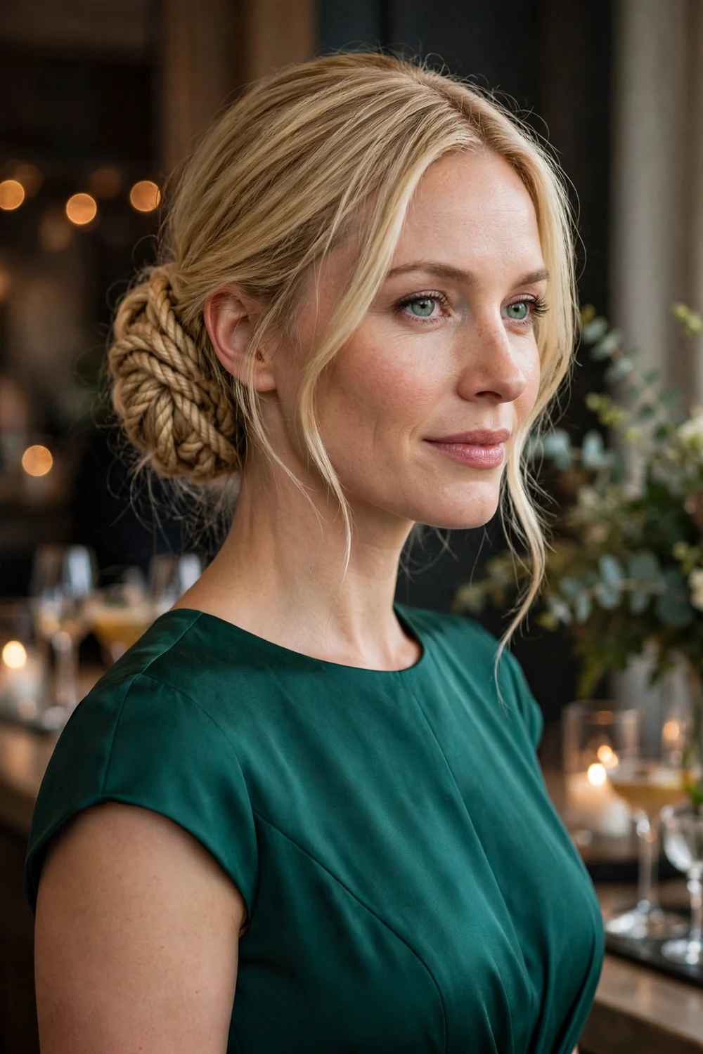 Blonde woman with long hair in a twisted low bun with rope detail at a cocktail reception