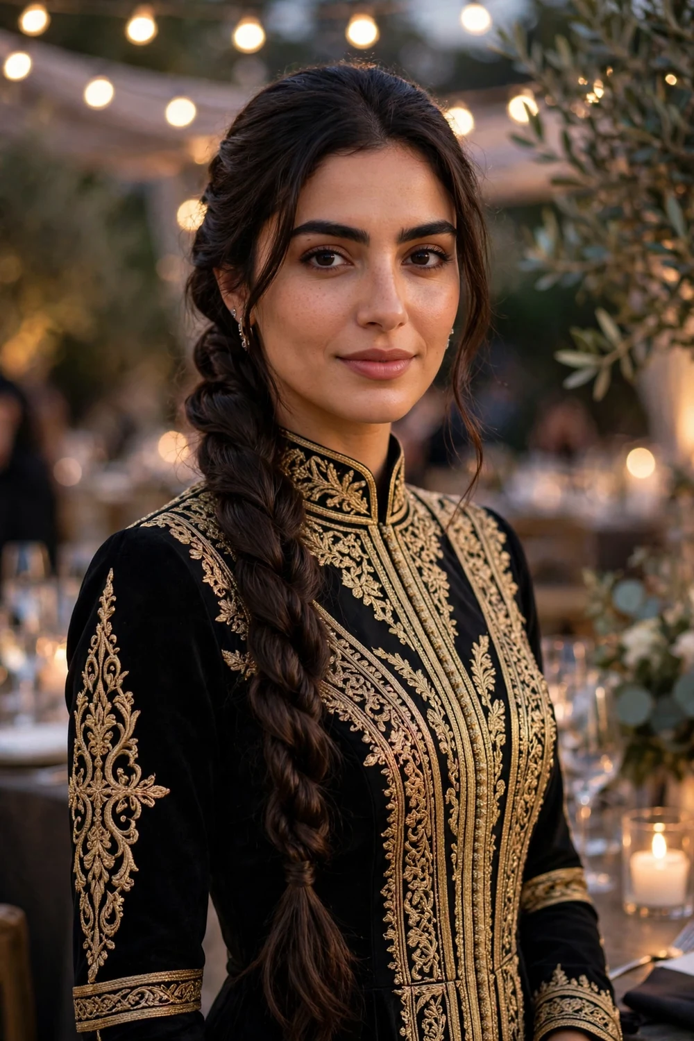 Middle Eastern woman with long dark brown hair in an elegant twisted rope ponytail at an evening event