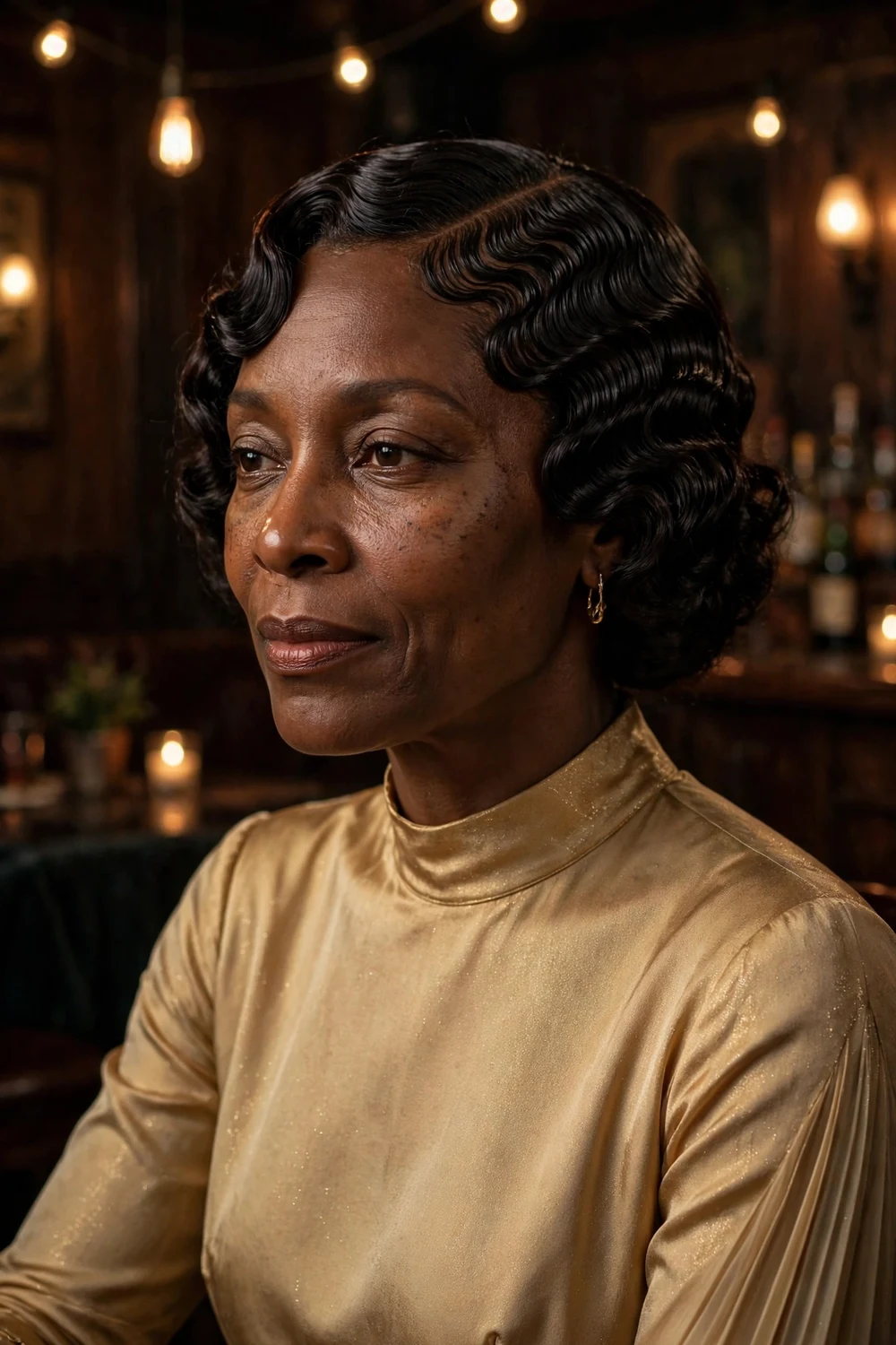 Woman in her 40s with long dark hair in sculpted vintage finger waves at a jazz club event