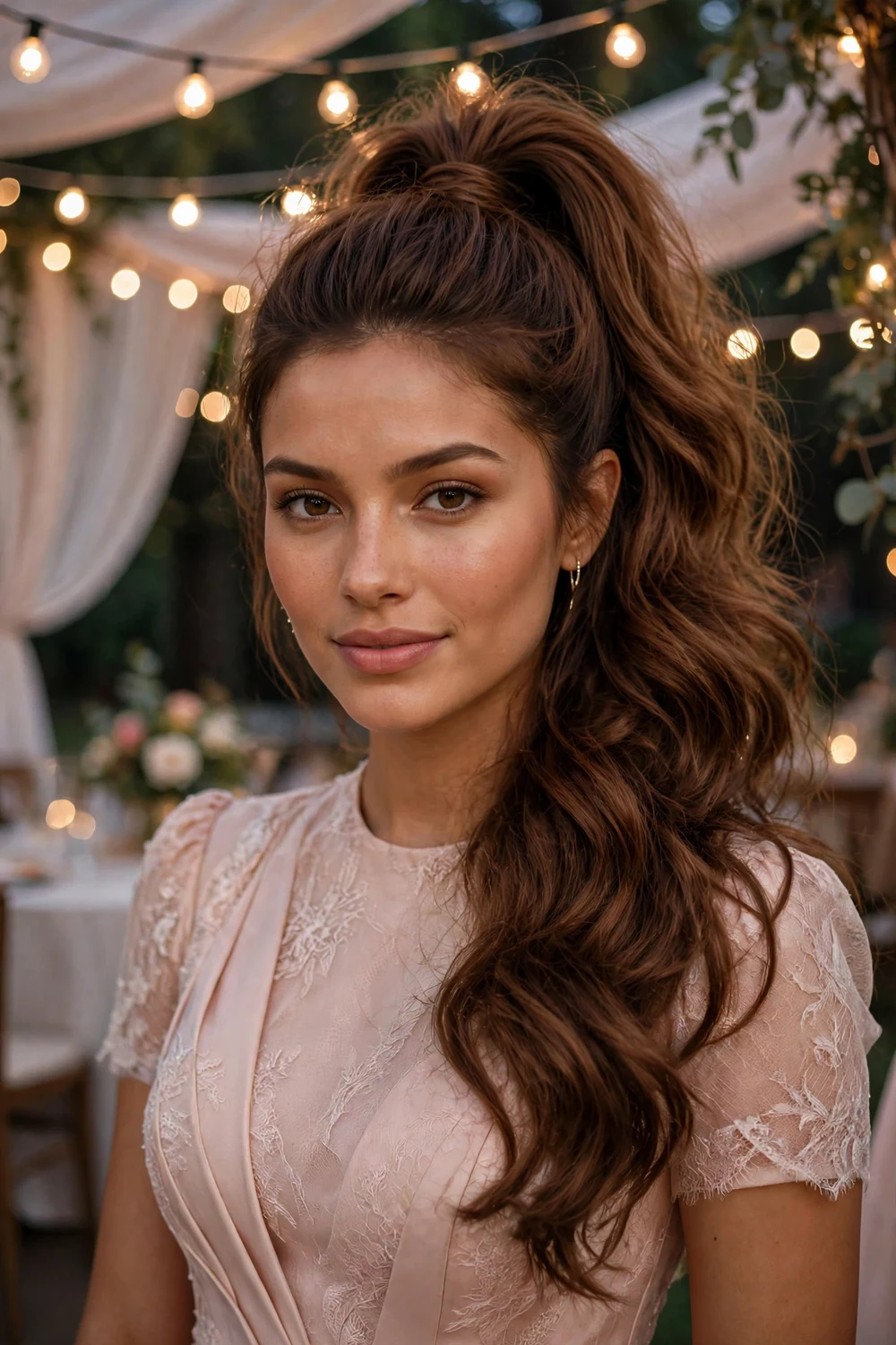 Woman with long chestnut hair in a high voluminous ponytail with big waves at a prom venue
