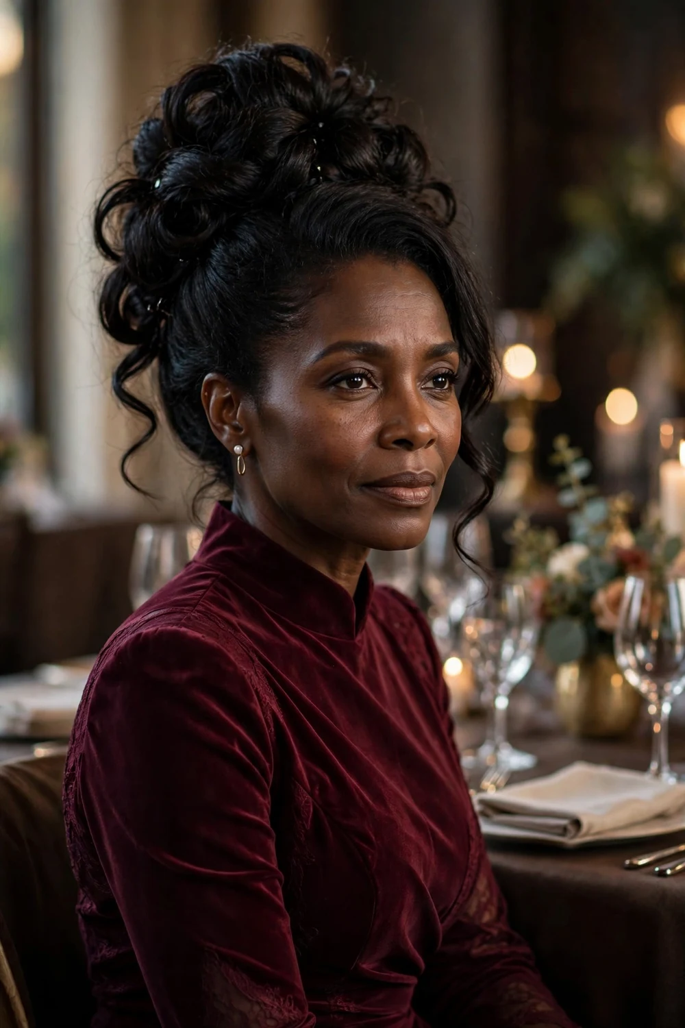 Black woman in her 40s with long hair in a big voluminous pinned updo at a formal dinner