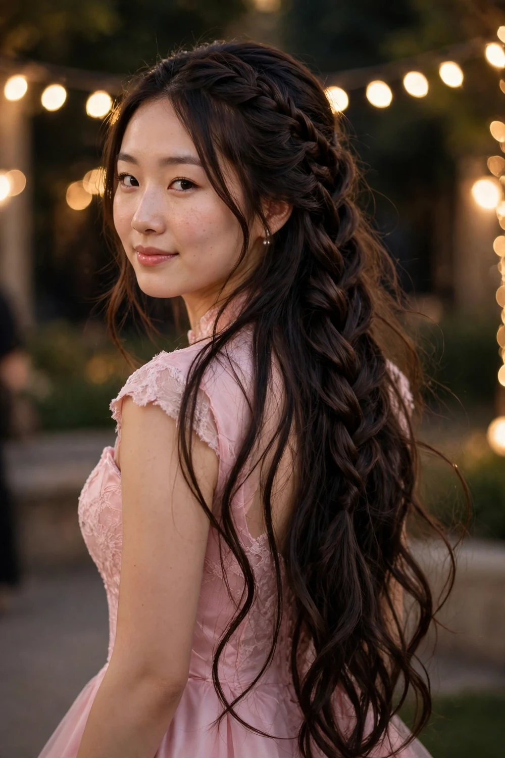 East Asian woman with long dark brown hair in a waterfall braid with cascading strands at prom