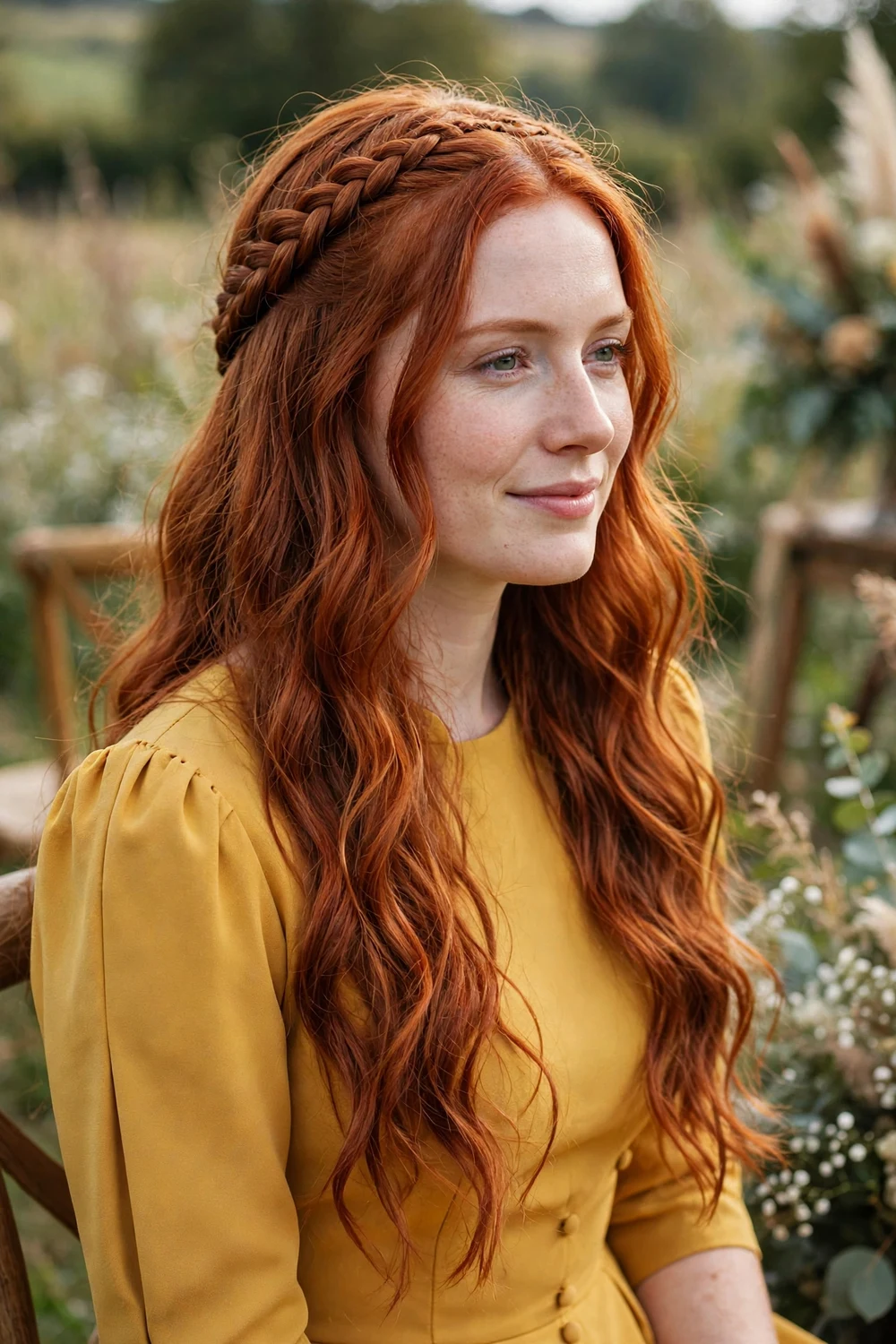 Red-haired woman with long wavy hair in a braided band across the back with loose waves at a countryside wedding