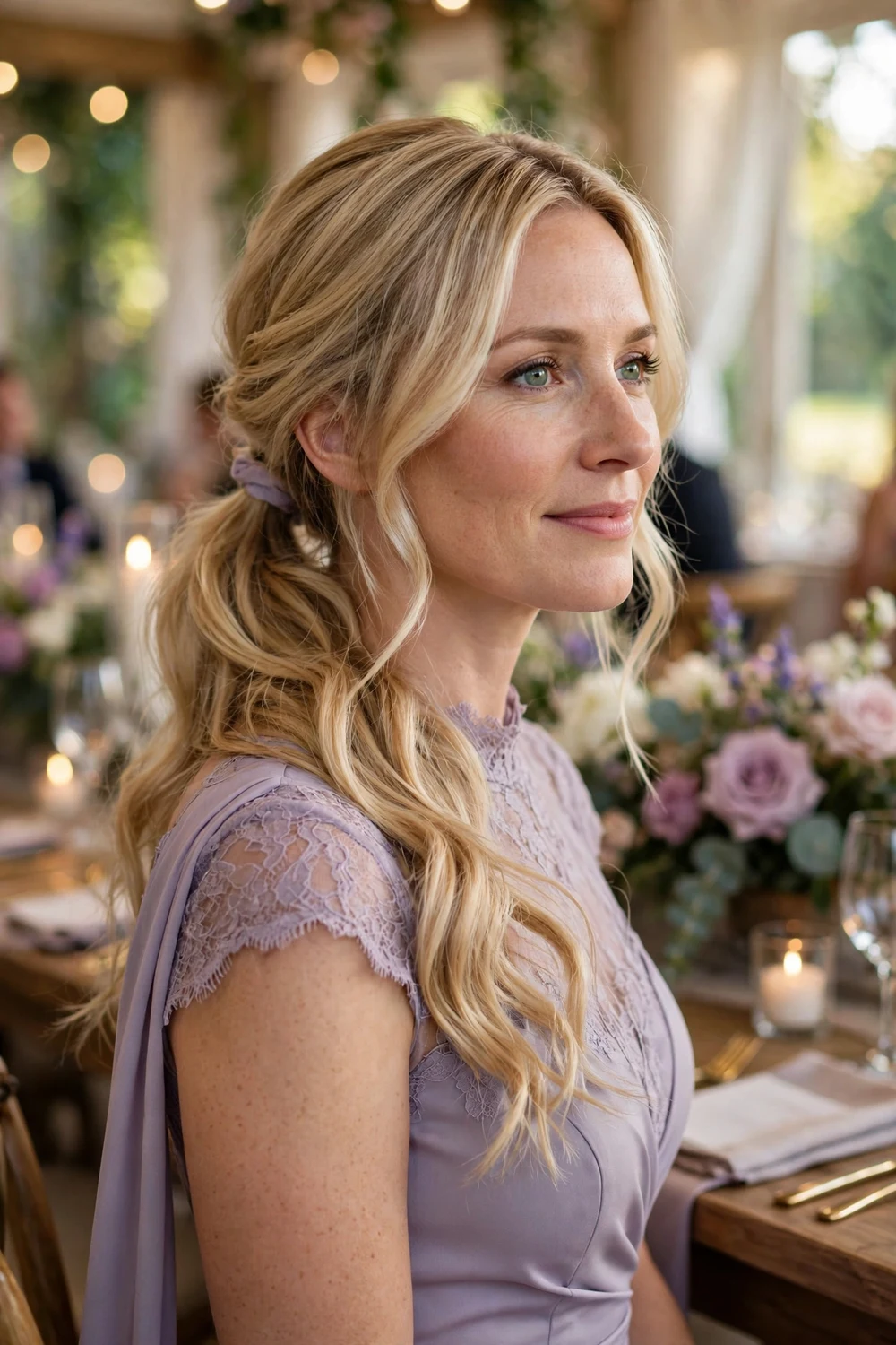 Blonde woman with long wavy hair in a low side ponytail over one shoulder at a wedding reception