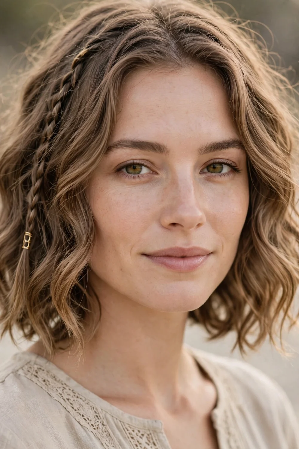 Woman with short loose curls wearing two thin accent braids and a small gold hair cuff, bohemian evening style