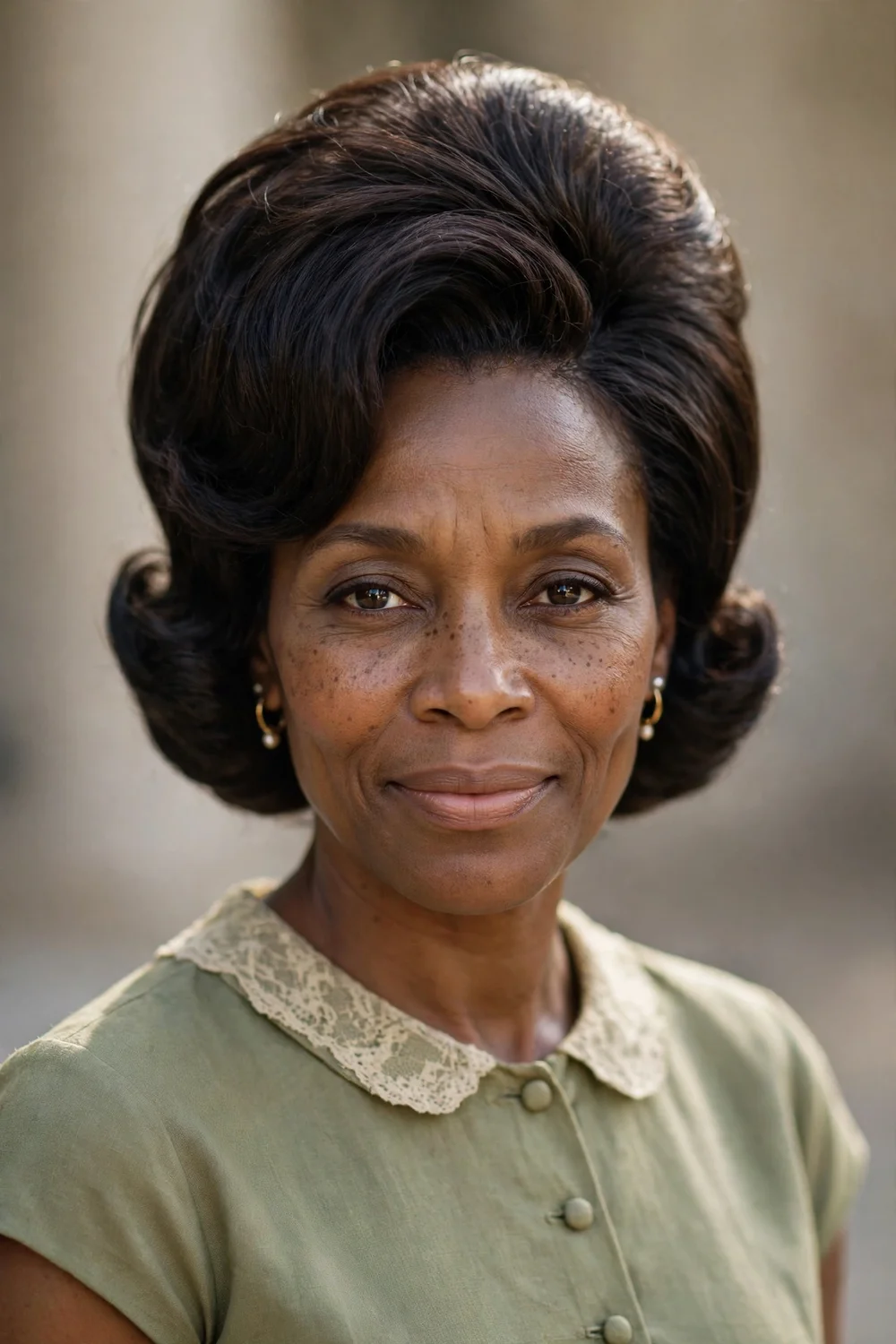 Woman with short hair styled in a rounded retro bouffant updo with big crown volume pinned at the back