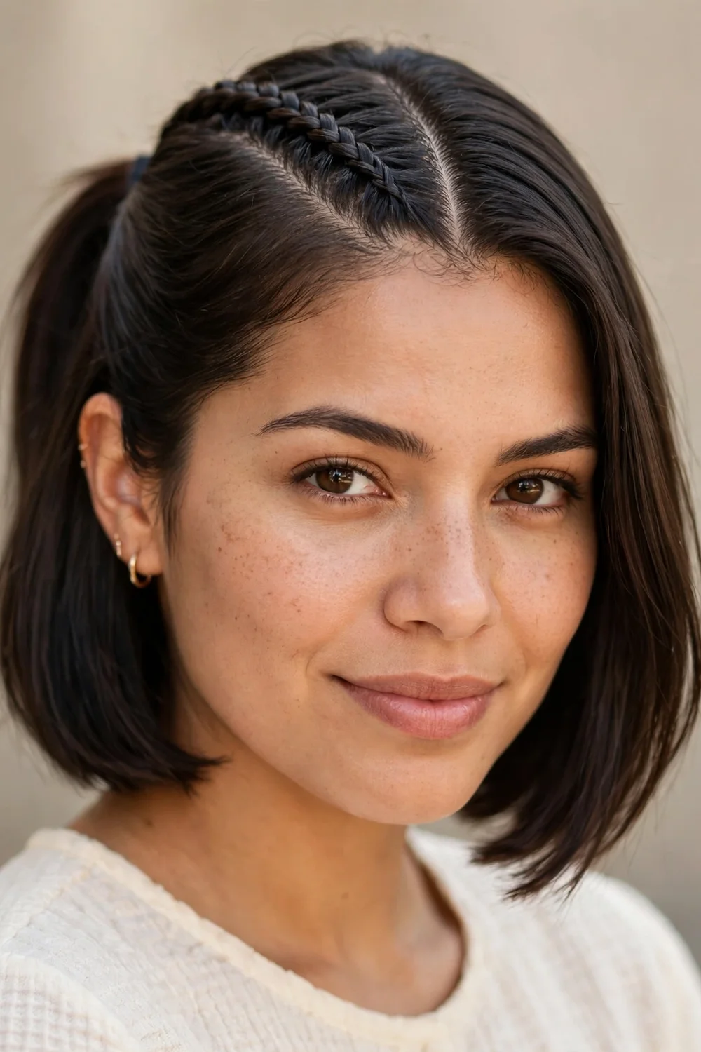 Woman with a short bob wearing a skinny accent braid down the center crown, pulled into a mid-height ponytail