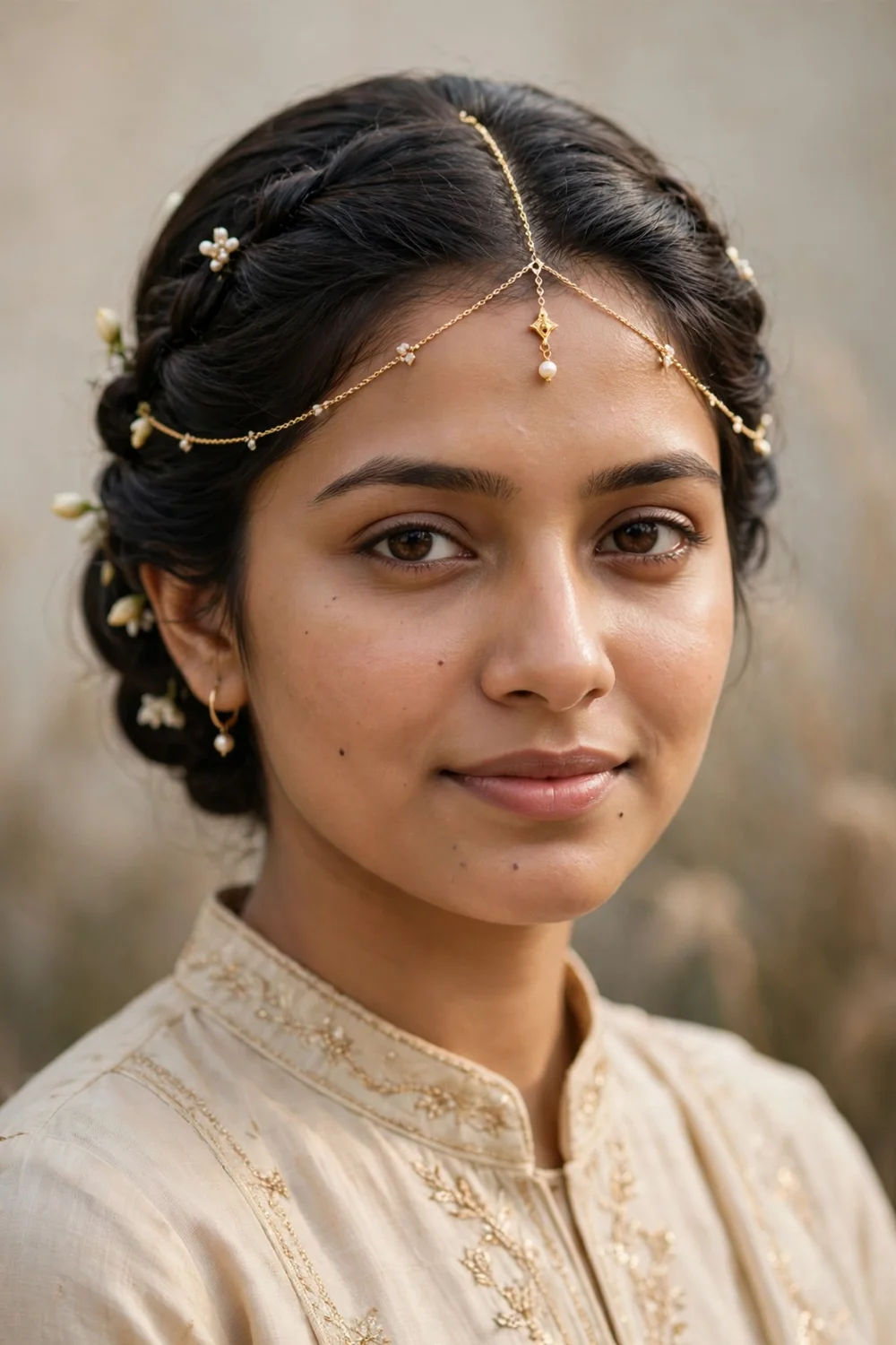 Woman with smooth pinned-back short hair wearing a delicate gold head chain across the forehead