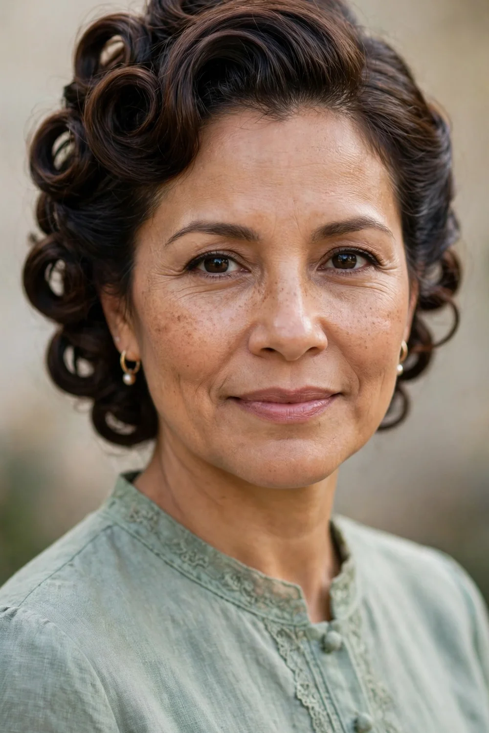 Woman with short hair styled in a classic pinned updo of overlapping soft curls at the back of the head