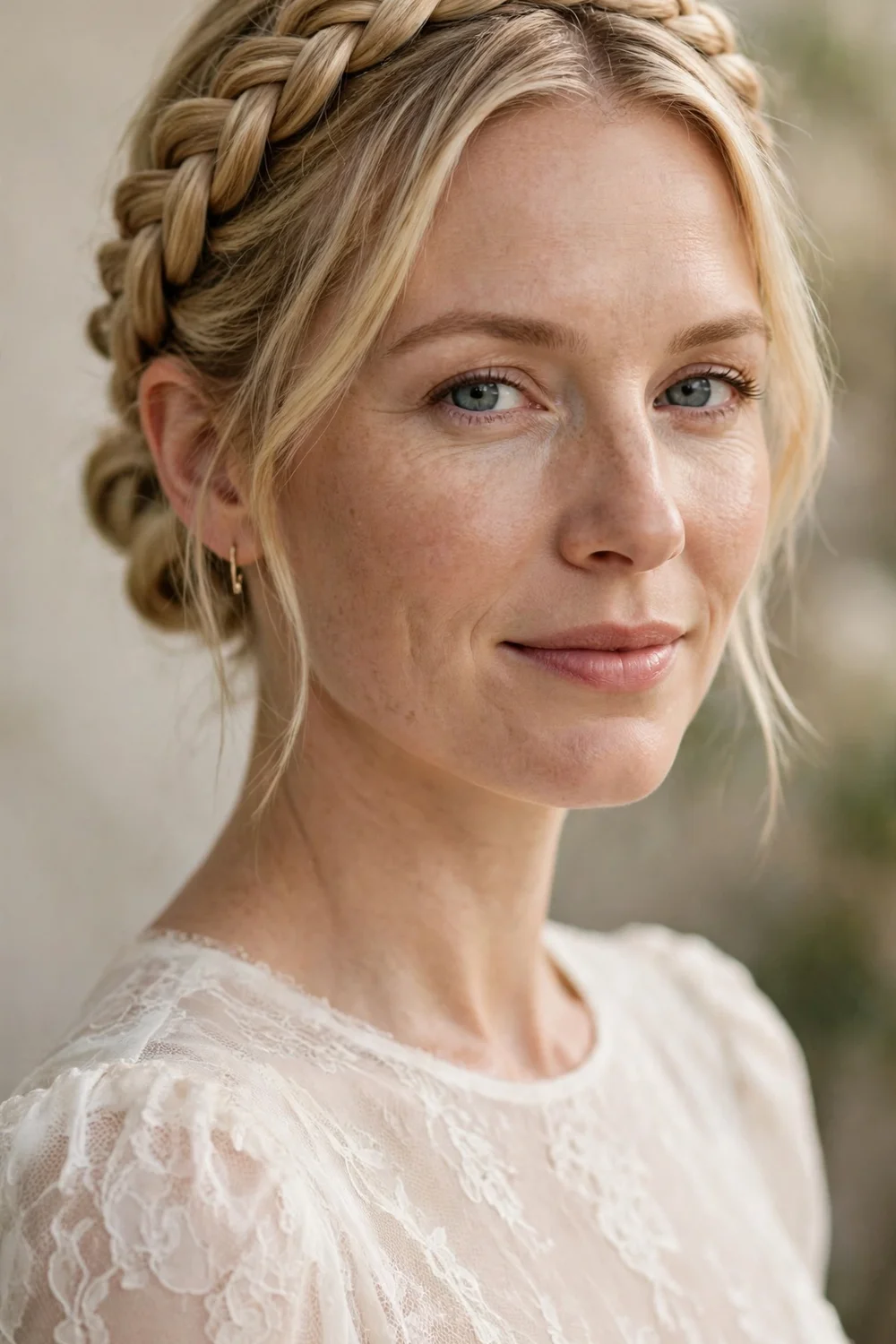 Woman with short hair wearing a Dutch crown braid around the head finished into a small bun at the nape
