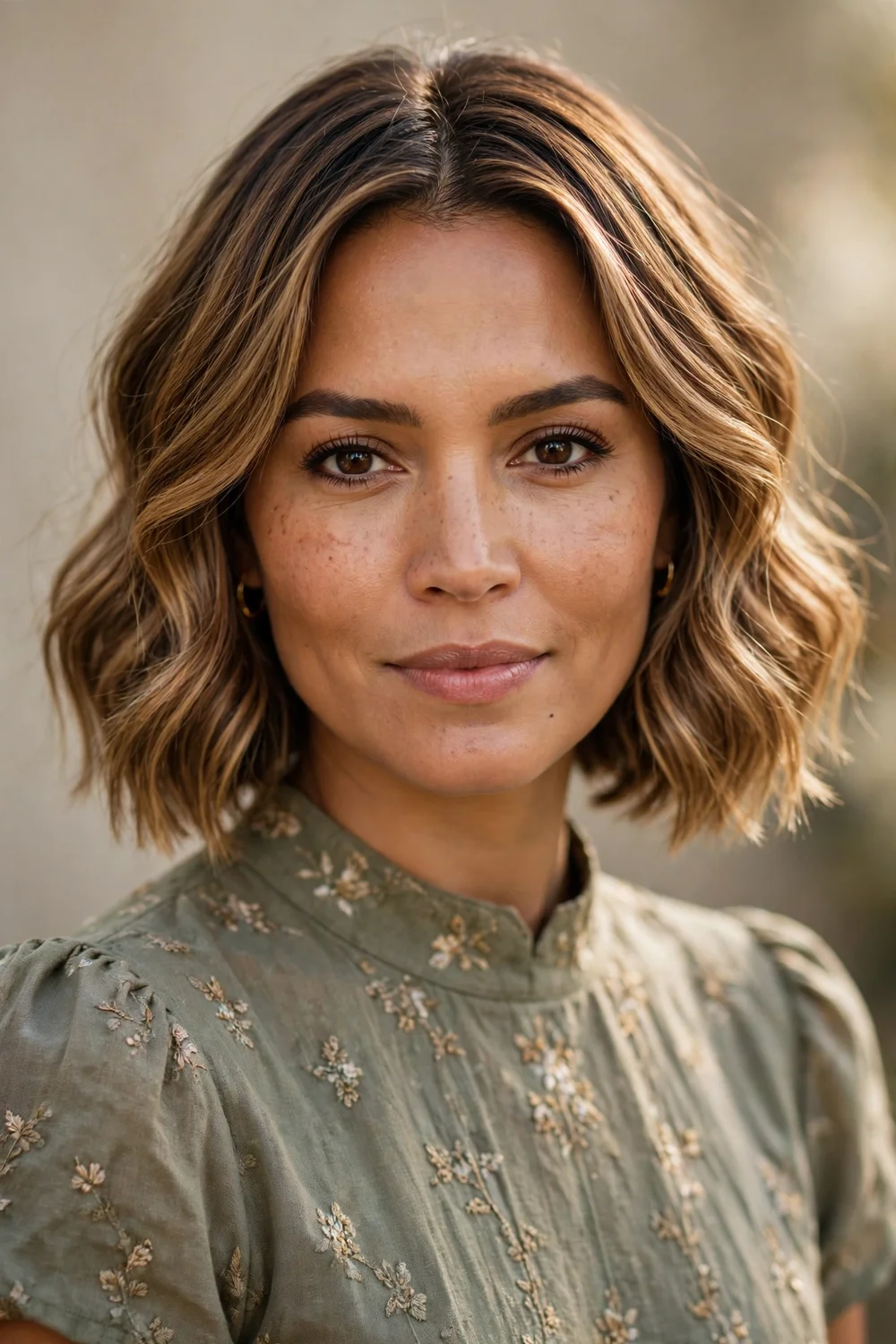 Woman with a highlighted bob styled in loose mid-length waves with straight ends, showing dimensional color