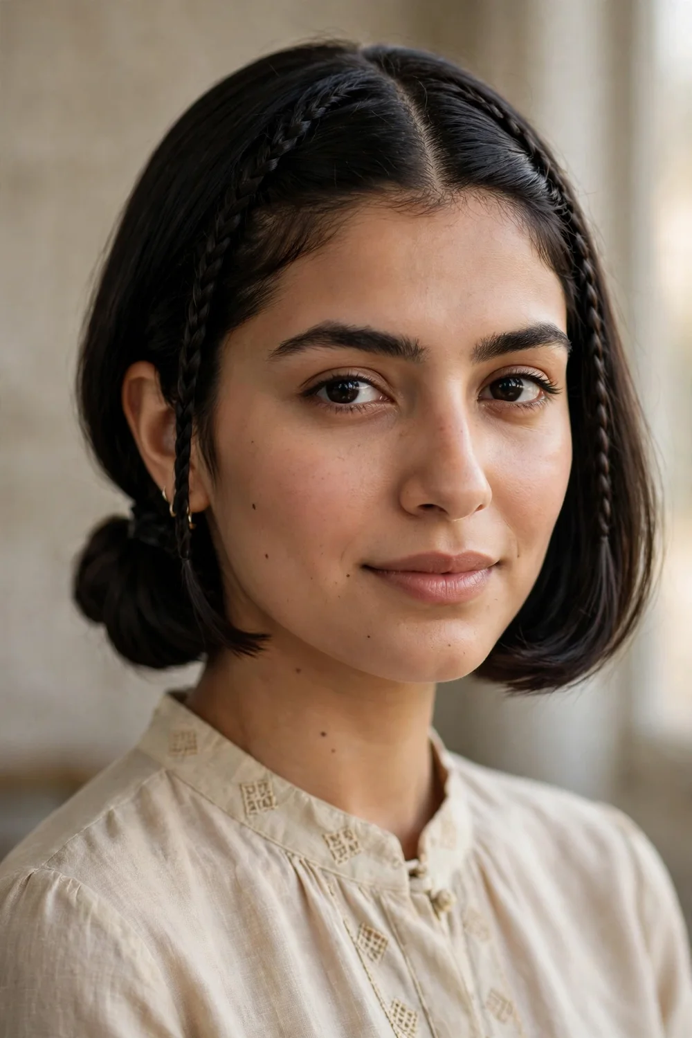 Woman with short hair wearing two skinny side braids leading into a low mini bun at the nape